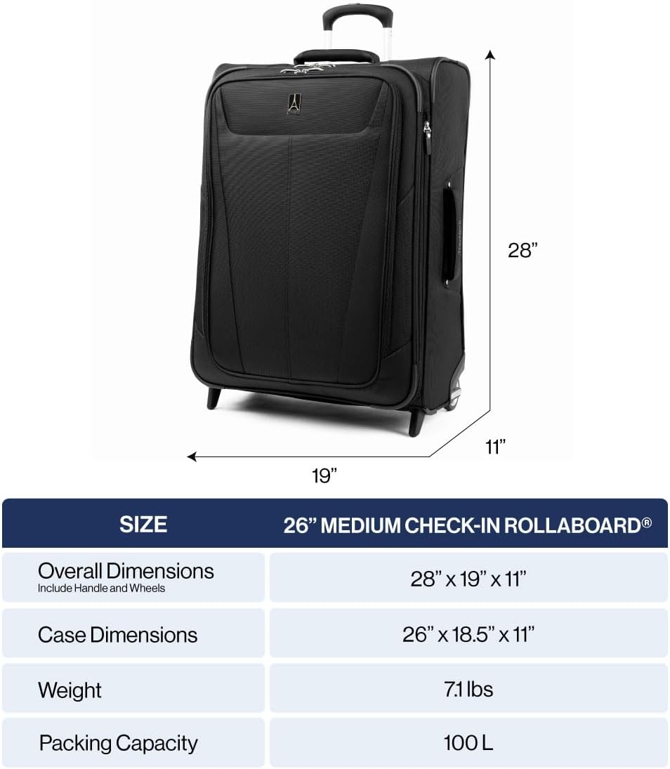 Travelpro Maxlite 5 Softside Expandable Upright 2 Wheel Checked Luggage, Lightweight Suitcase, Men and Women, Black, Checked Medium 26-Inch