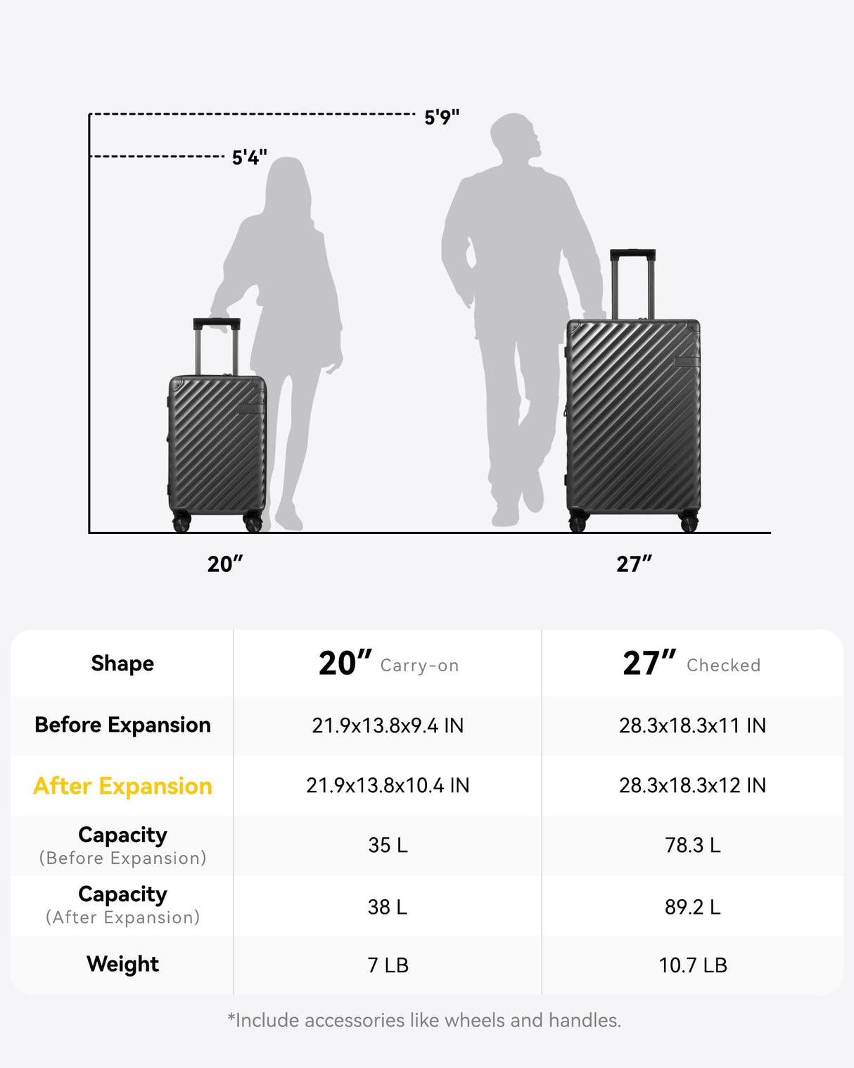 LUGGEX Luggage with Spinner Wheels, Polycarbonate Expandable Hard Shell Suitcase, Checked Large 27 Inch, Charcoal Metallic