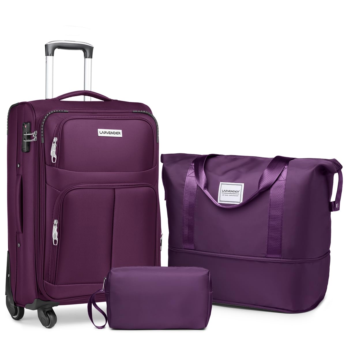 LARVENDER Softside Luggage Sets 3 Piece, Expandable Carry on Luggage 22x14x9 Airline Approved with TSA Lock Spinner Wheels, Lightweight Rolling Suitcase for Men and Women, Purple