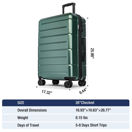 KYME Hardside Checked 26 Inch Luggage with Double Spinner Wheels,Hard Shell Medium Suitcase with TSA Lock Cup Holder for Men Women,Green