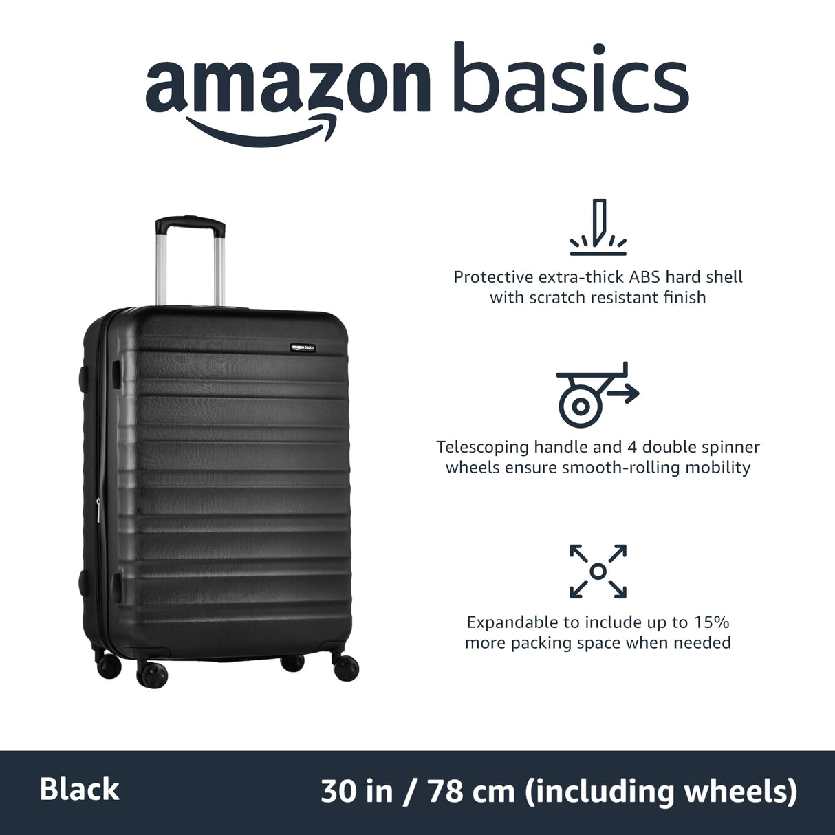 Amazon Basics 30-Inch Hardside Checked Luggage, Hardshell Suitcase With Wheels, Expandable For Up to 15% More Space, With Scratch-Resistant Surface, Four Multi-directional Wheels, Black