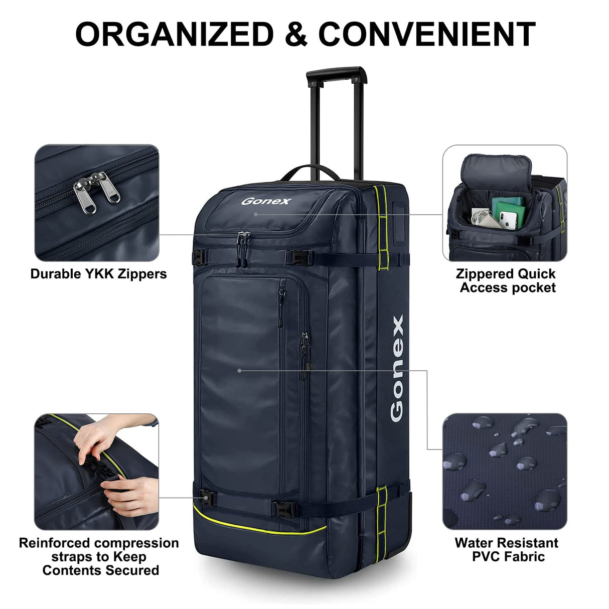 Gonex Rolling Duffle Bag with Wheels, 100L Water Repellent Large Wheeled Travel Duffel Luggage with Rollers 33 inch, Navy Blue