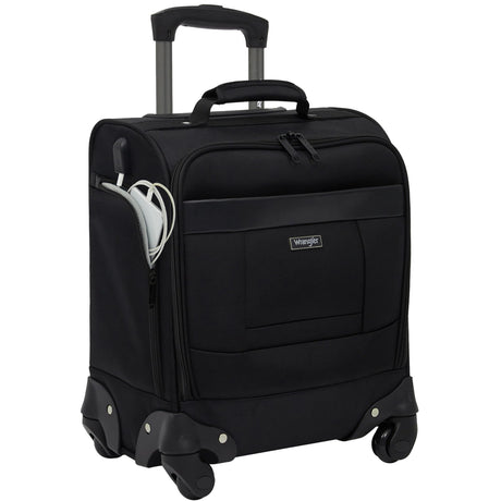 Wrangler 4-Wheel Spinner Luggage with Side USB Port, Black, 17-Inch Underseat Carry-On