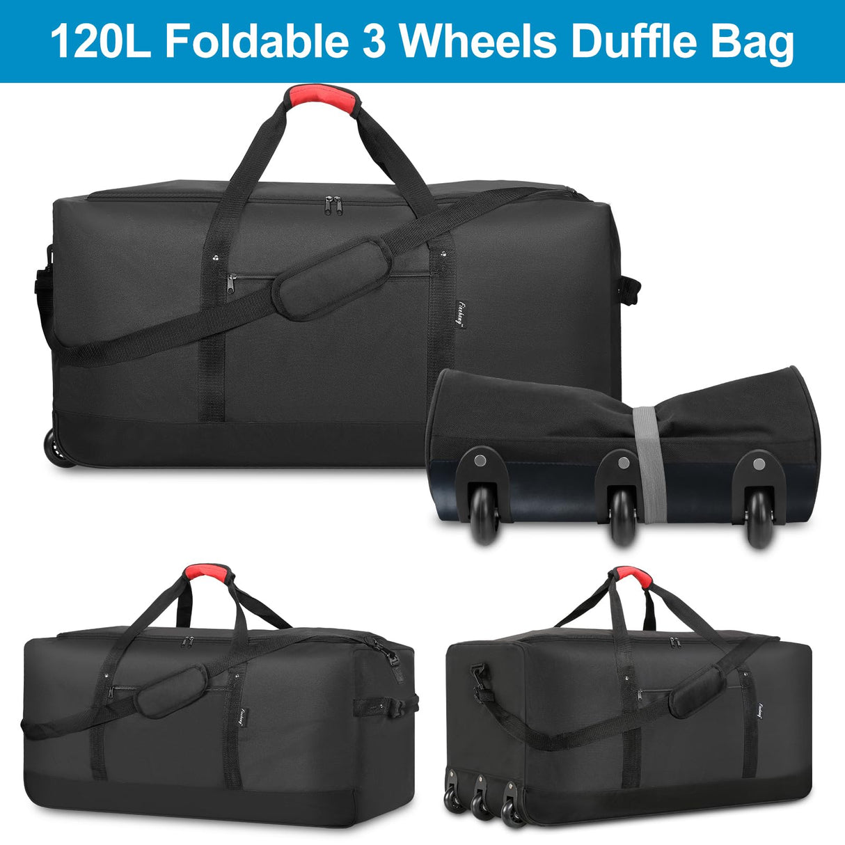 Finnhomy 120L Foldable Rolling Duffel Bag with 3 Wheels, Light Weight Travel Duffel bag with Large Loading Capacity, 32 inch Rolling Duffel bag with Shoulder Strap for Travel Camping Sports, Black