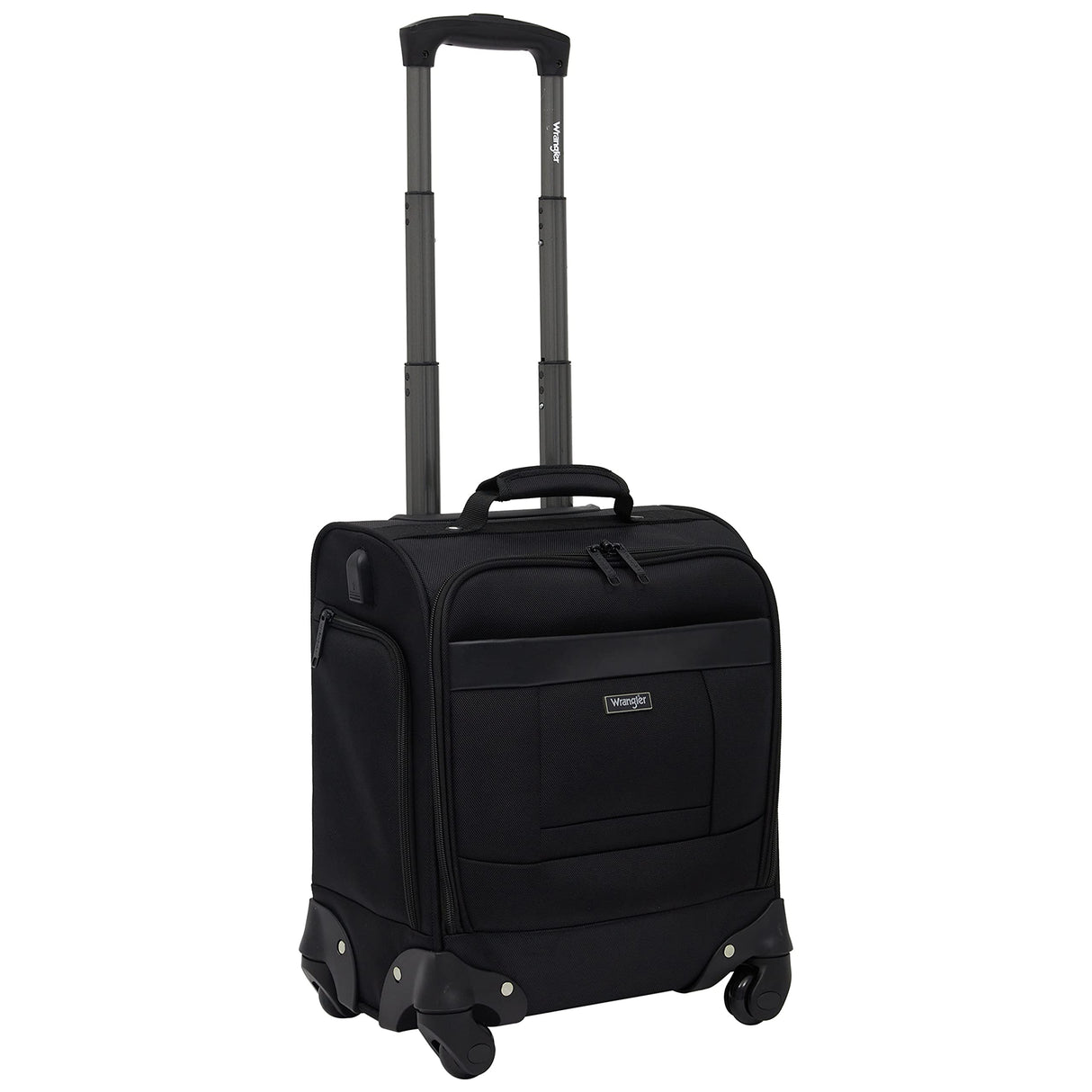 Wrangler 4-Wheel Spinner Luggage with Side USB Port, Black, 17-Inch Underseat Carry-On