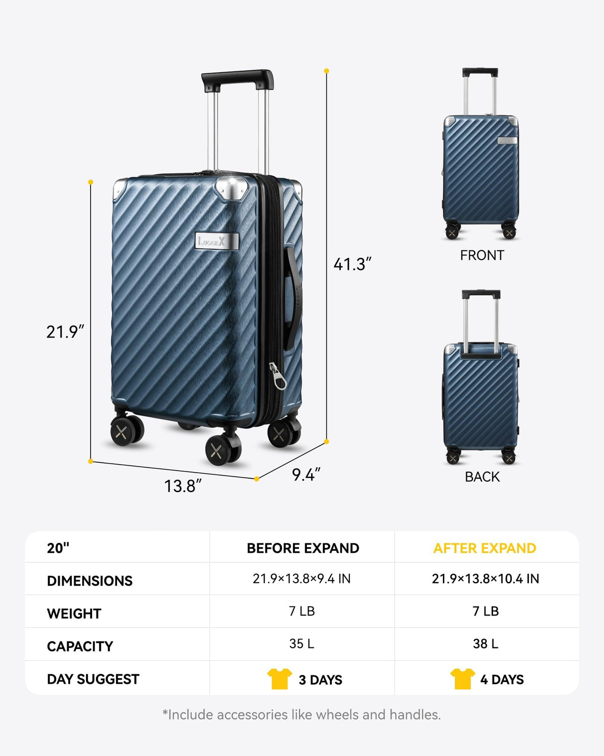 LUGGEX Luggage with Spinner Wheels, Polycarbonate Expandable Hard Shell Suitcase, Carry On 20 Inch, Charcoal Metallic