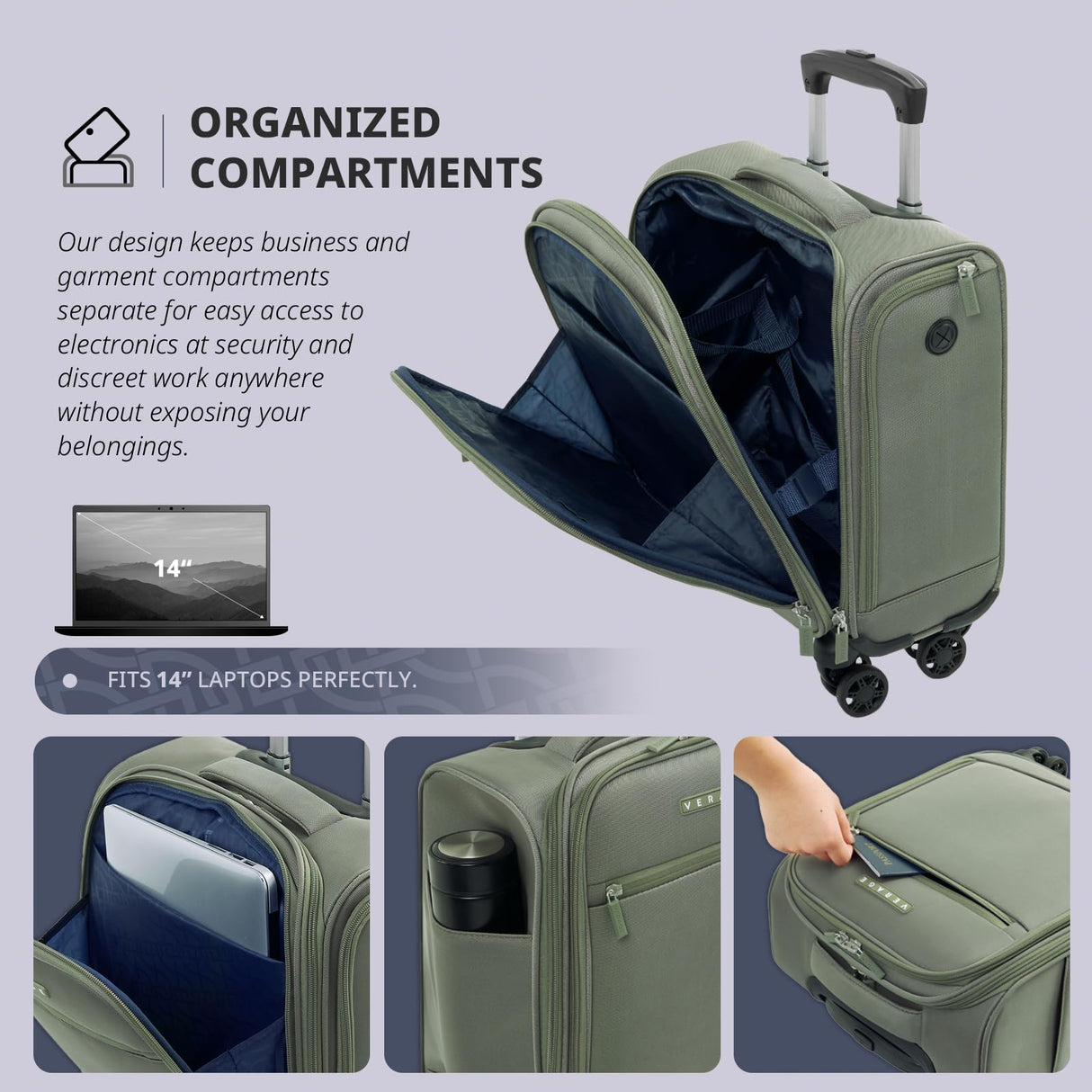 Verage Underseat Carry On Luggage with Wheels,14.5-Inch Spinner Small Suitcase, Softside Lightweight Travel Bag for Men and Women, Airplane Carry On Bag, Sage Green