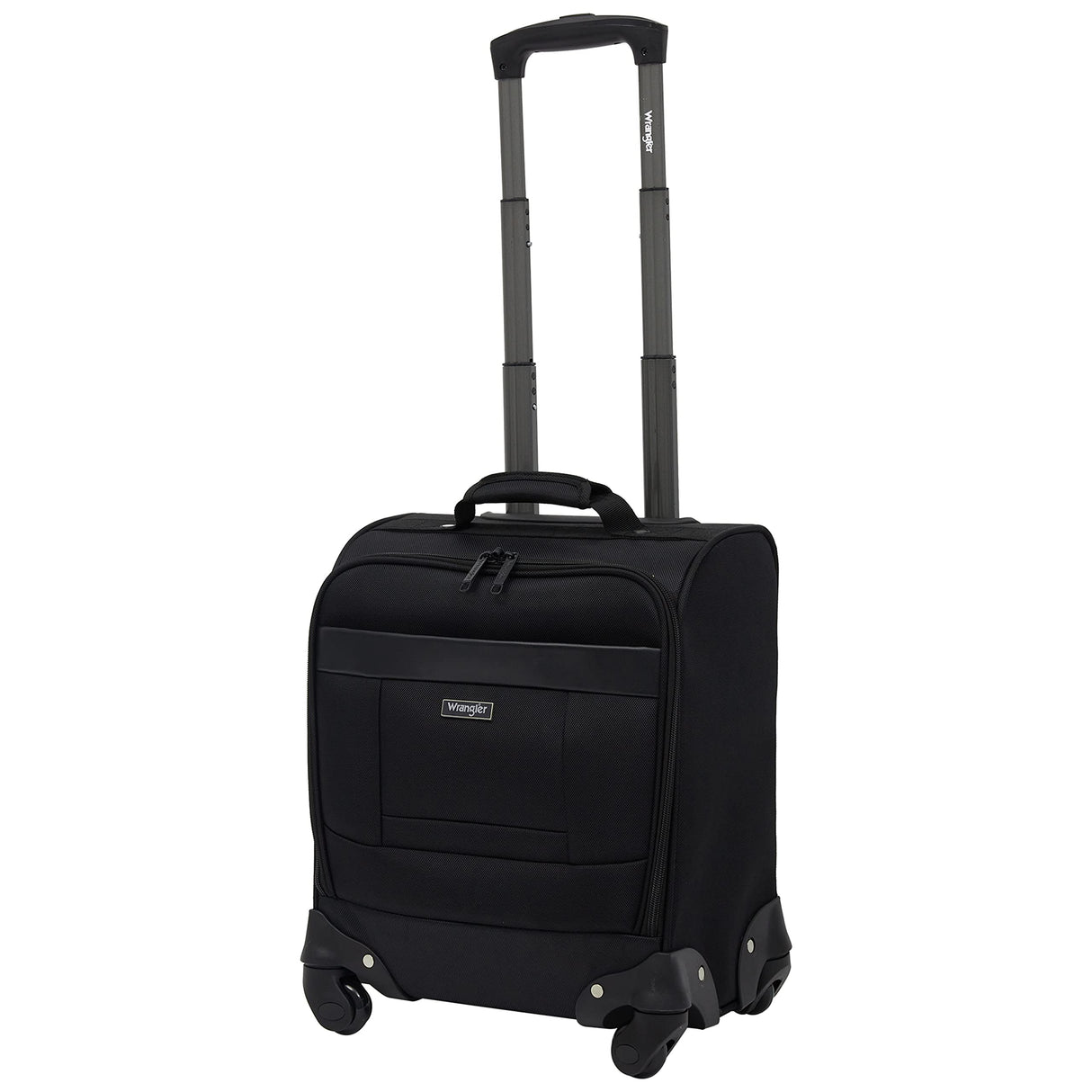 Wrangler 4-Wheel Spinner Luggage with Side USB Port, Black, 17-Inch Underseat Carry-On