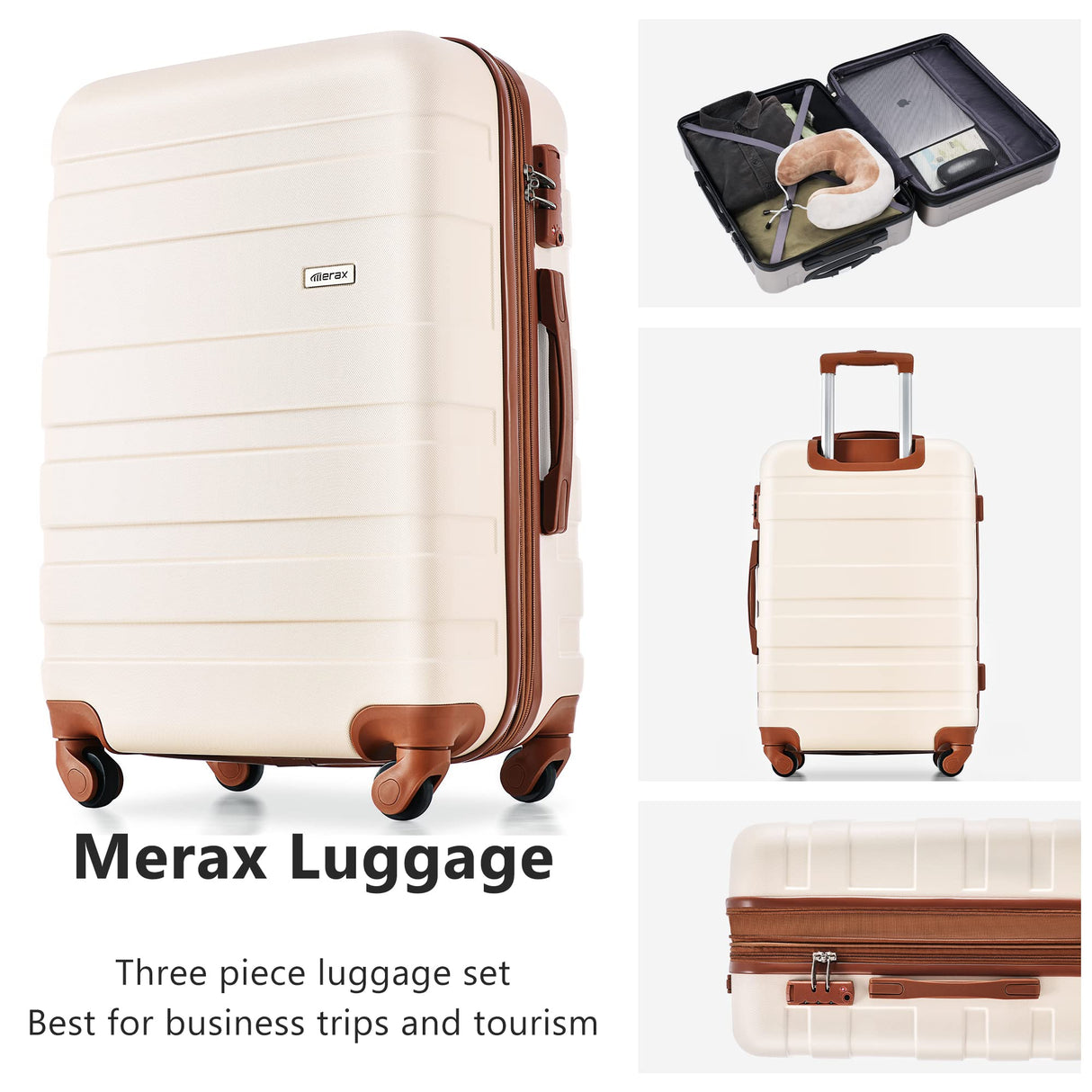 Merax 3 Pcs ABS Hardside Luggage Sets TSA Lock Spinner Wheel Suitcases, Pearly White, 20/24/28 Inch